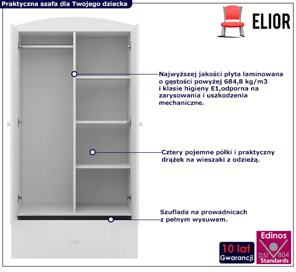 Biała szafa dla dziecka z szufladami Rostok 3X