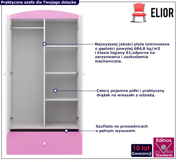 Różowa szafa dla dziewczynki z szufladami Rostok 3X