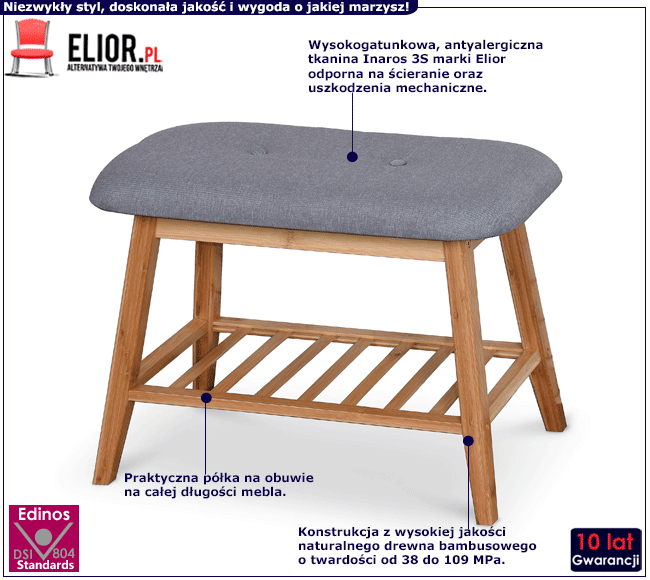 Szara ławka z półką na buty do przedpokoju Tiffany 60 cm