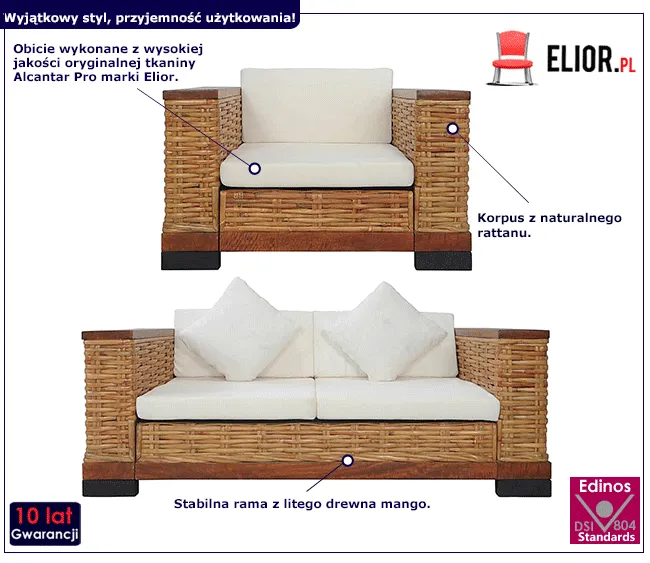 Produkt 2-częsciowy 3-osobowy zestaw wypoczynkowy z naturalnego rattanu - Bublo 3A