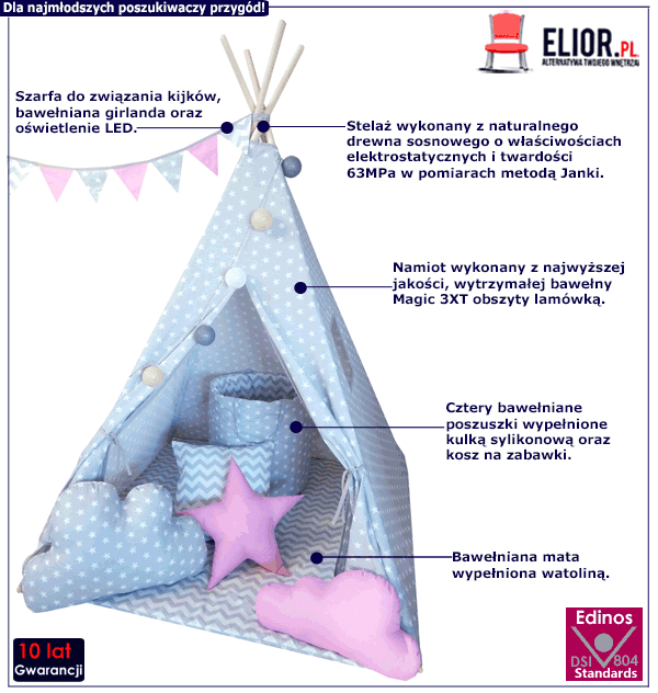 Dziecięcy namiot tipi Antal z czterema poduszkami i oświetleniem LED