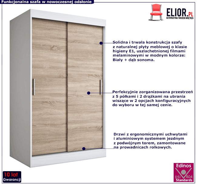 Szafa przesuwna 120 cm biały + dąb sonoma Erco 3X