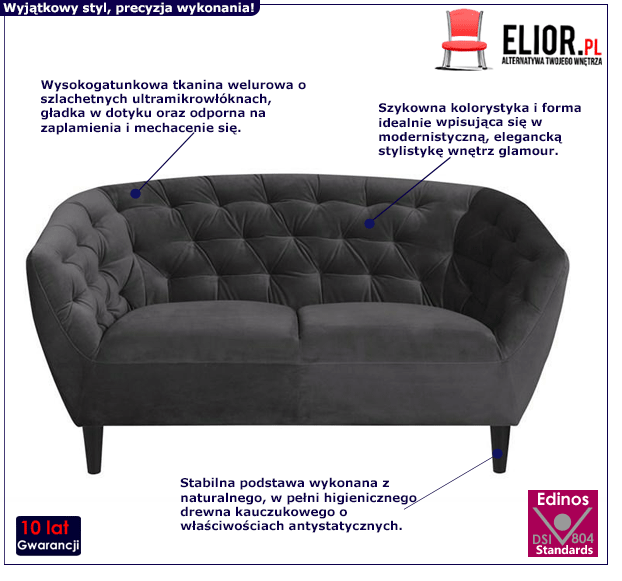 Welurowa sofa Galax 2X - ciemnoszara