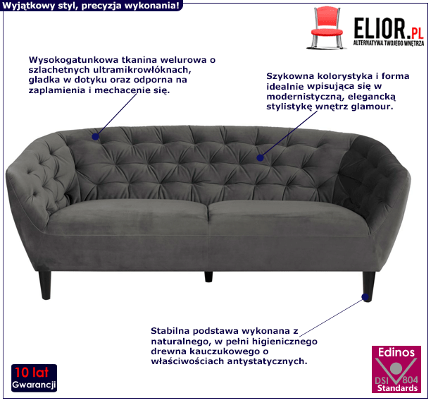 Szara sofa pikowana Galax 3X - welurowa
