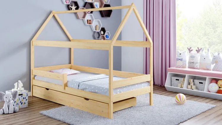 Wizualizacja sosnowego łóżka dziecięcego przypominającego domek Cubis 3X