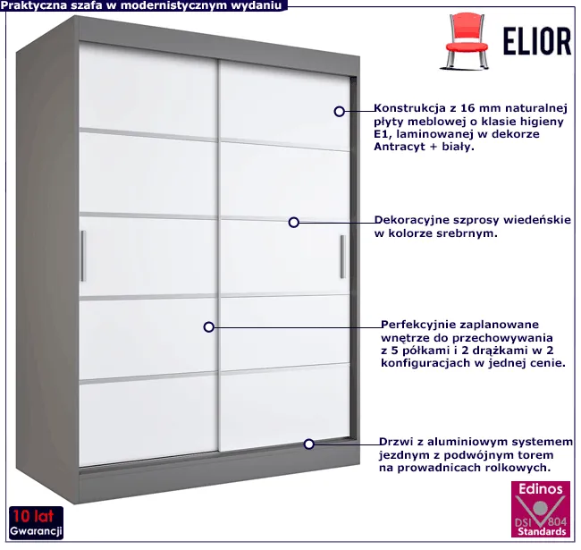 Szafa przesuwna 150 cm w kolorze antracyt + biały Bohosa 4X