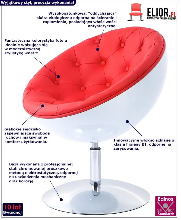 Wyjątkowy fotel obrotowy Atom - biało - czerwony