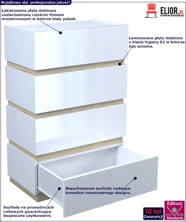 Lakierowana biała komoda z 4 szufladami Toviros 5X