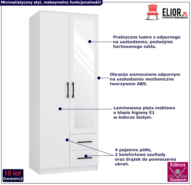 Biała szafa na ubrania z lustrem i szufladami Besari 2X