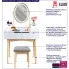 Infografika toaletki z lustrem led i szarym tapicerowanym stołkiem Limosa
