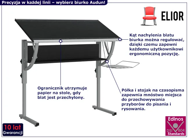 Regulowane biurko kreślarskie Guveri czarno-szare