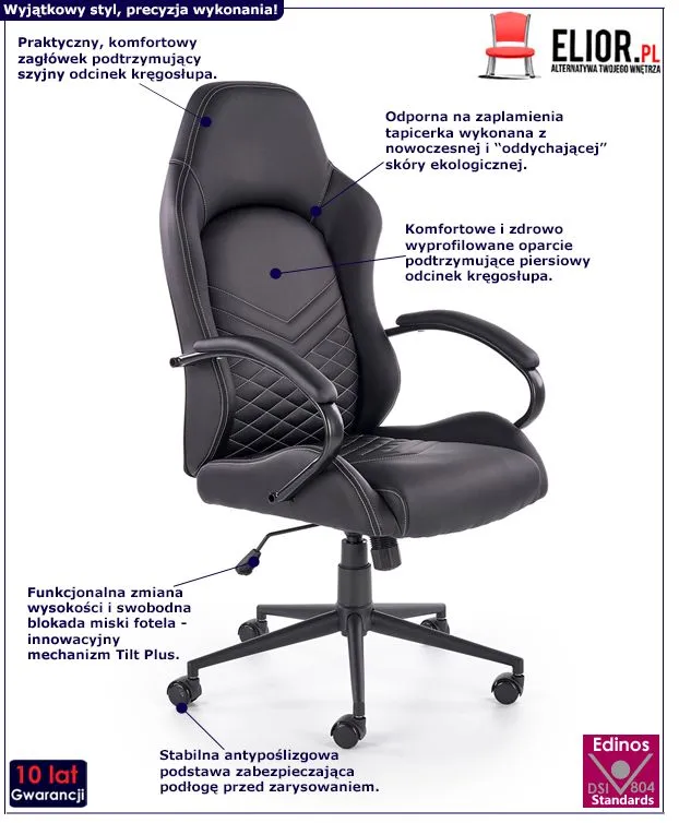 Czarny fotel do gabinetu Foggios - wygodny
