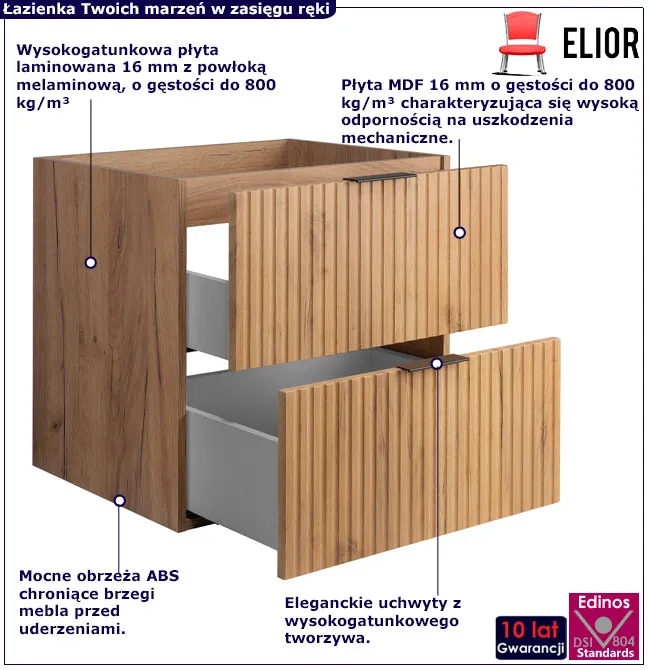 Ryflowana szafka łazienkowa z 2 szufladami Onellia 3X 60 cm dąb craft złoty