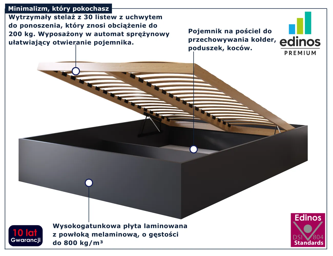 Czarne łóżko bez zagłówka do sypialni w stylu skandynawskim Niri 3X