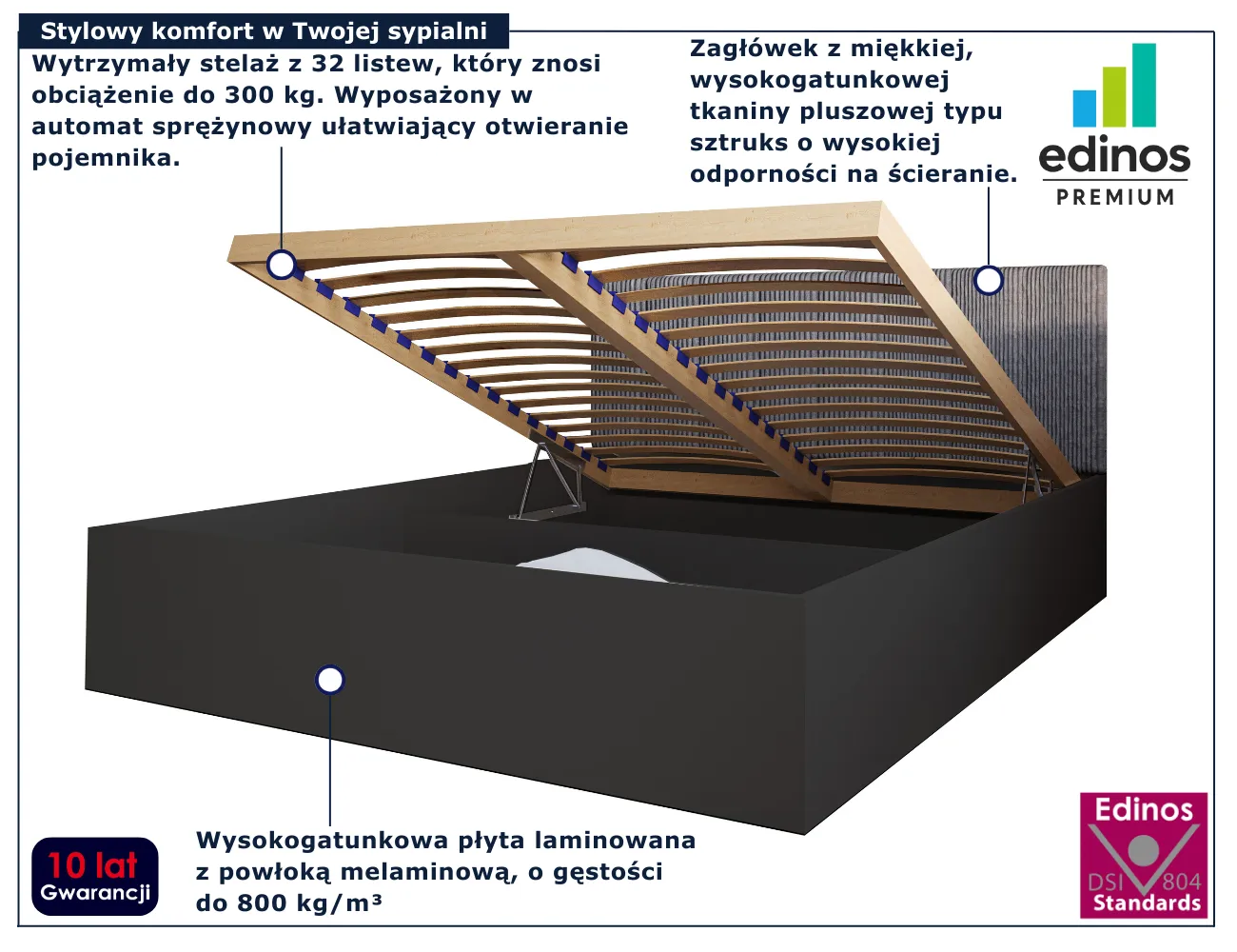 Czarne łóżko 140x200 z szarym sztruksowym zagłówkiem Ermini 3X
