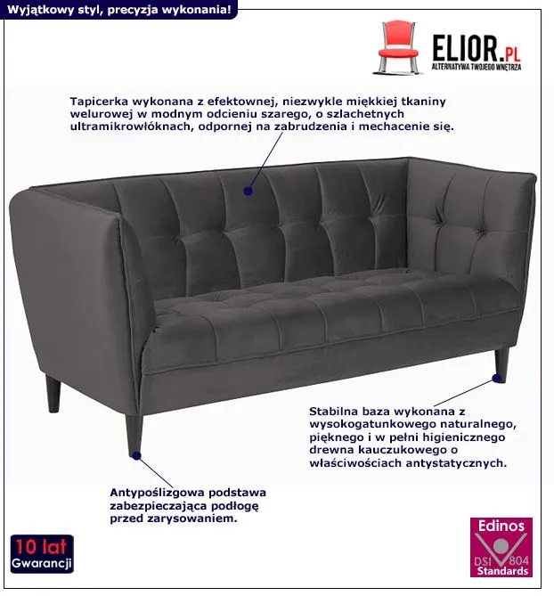 Ciemnoszara sofa Brokis - miękka