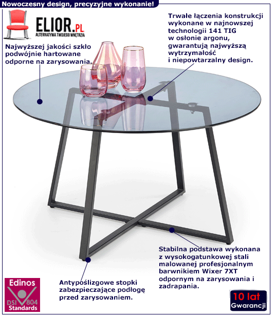 Szklana industrialna ława Suva na czarnej podstawie