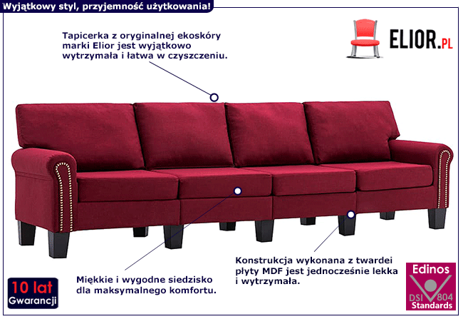 Luksusowa czteroosobowa sofa czerwona Dionas 4X