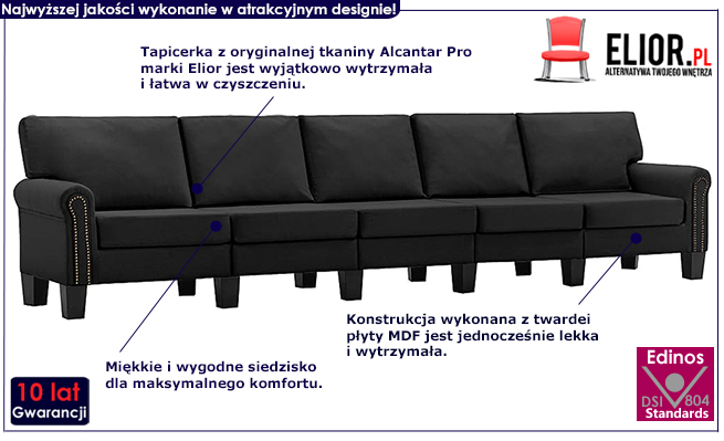Dekoracyjna 5-osobowa czarna sofa Dionas 5X