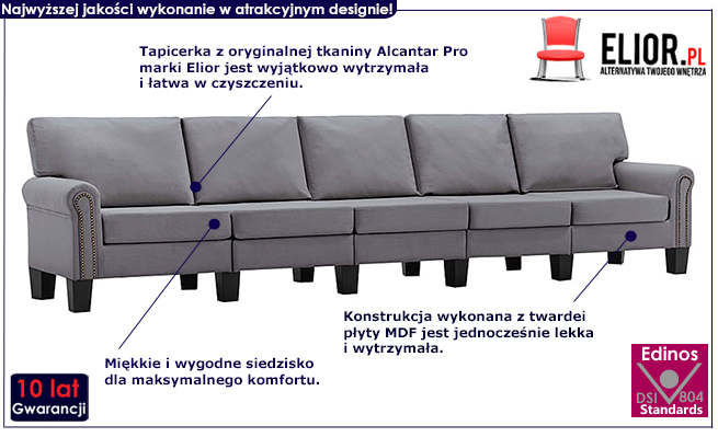 Dekoracyjna 5-osobowa jasnoszara sofa Dionas 5X