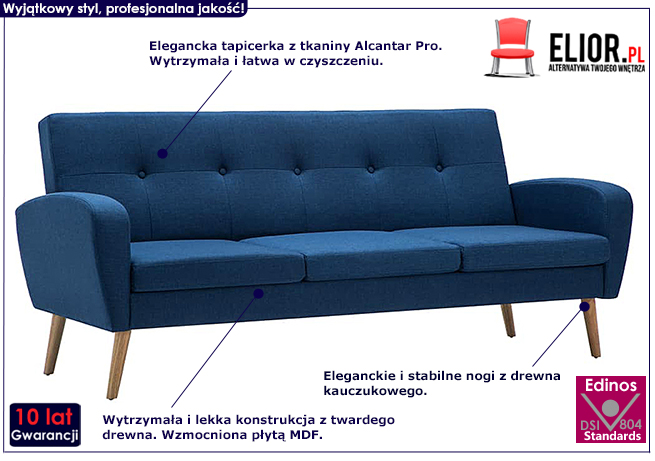 Sofa pikowana Umberro 3Q, kolor niebieski