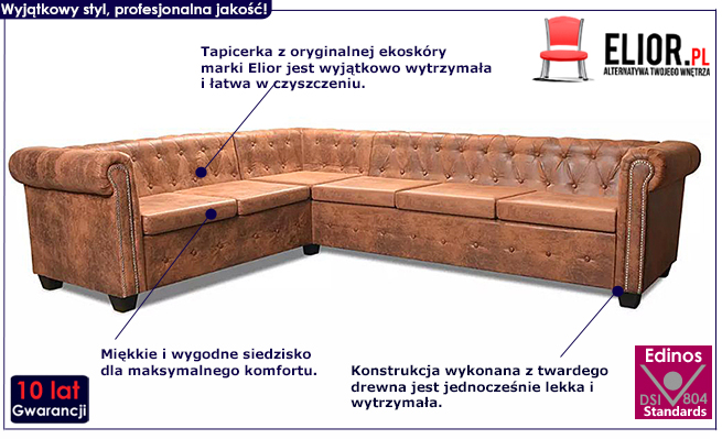 6-osobowy brązowy narożnik Chesterfield Xavier 6Q
