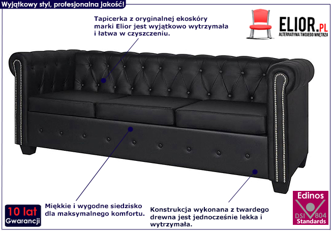 3-osobowa czarna sofa Chesterfield Xavier 3Q