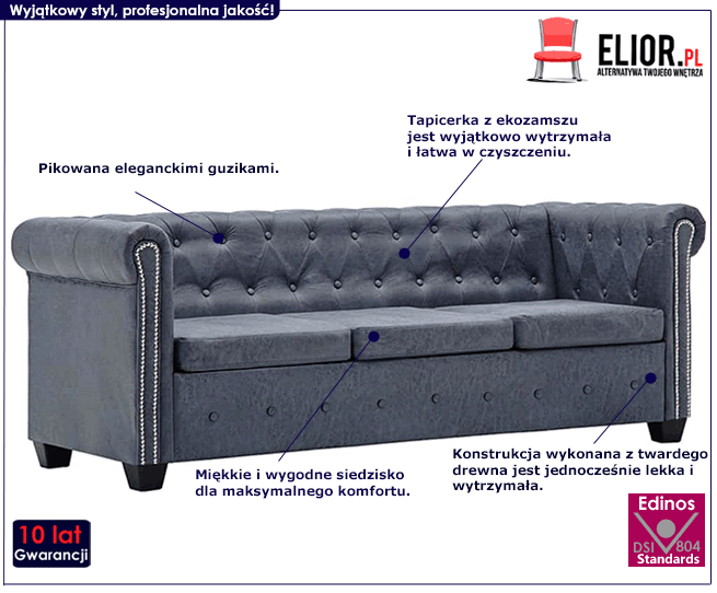 Produkt Trzyosobowa sofa Asemo w stylu Chesterfield - szara