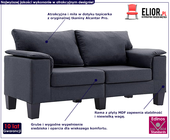 Ekskluzywna dwuosobowa ciemnoszara sofa Ezof 2Q