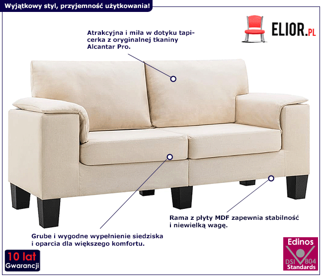 2-osobowa kremowa sofa Ezof 2Q, podłokietniki 