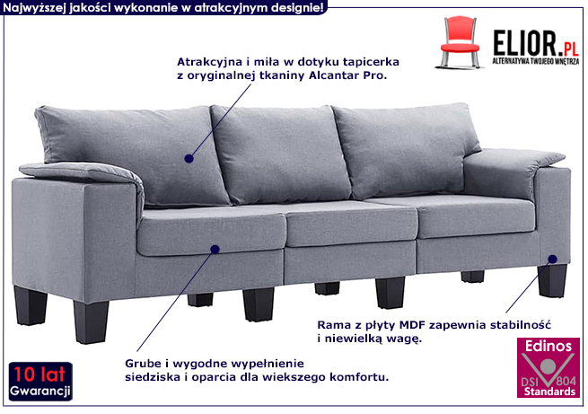 Ekskluzywna trzyosobowa jasnoszara sofa Ezof 3Q