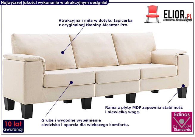 Ekskluzywna trzyosobowa kremowa sofa Ezof 3Q
