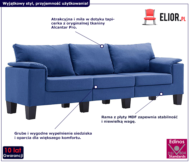 3-osobowa niebieska sofa Ezof 3Q, podłokietniki 