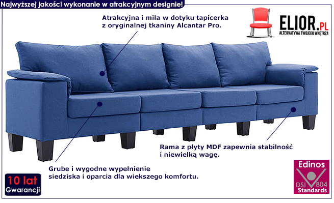 Ekskluzywna czteroosobowa niebieska sofa Ezof 4Q