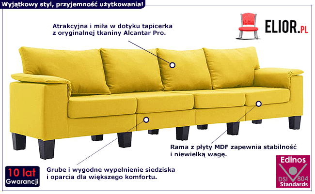 Ekskluzywna 4-osobowa żółta sofa Ezof 4Q
