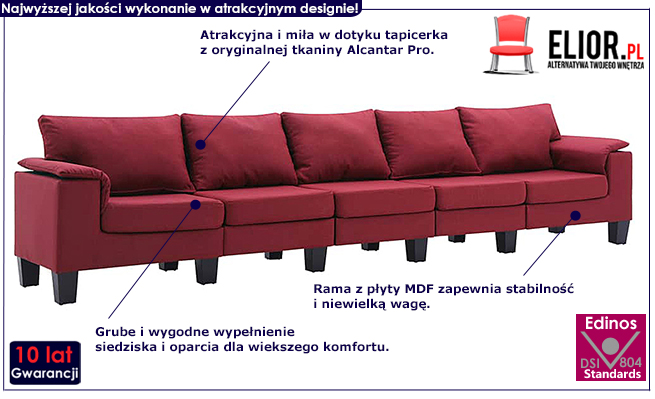 Ekskluzywna 5-osobowa czerwona sofa Ezof 5Q