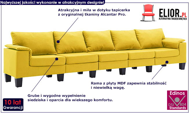 Ekskluzywna 5-osobowa żółta sofa Ezof 5Q