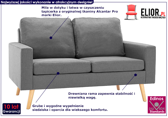 Dwuosobowa jasnoszara sofa z tkaniny Muria 2Q 