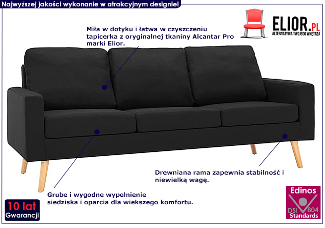 Trzyosobowa czarna sofa z tkaniny Muria 3Q