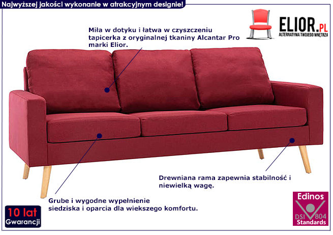 Trzyosobowa czerwona sofa z tkaniny Muria 3Q