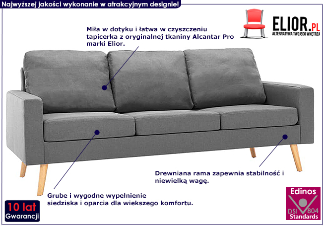 Trzyosobowa jasnoszara sofa z tkaniny Muria 3Q