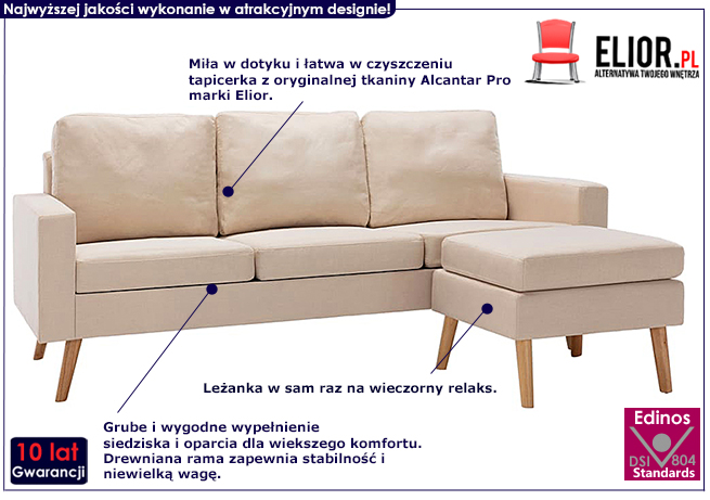 3-osobowa kremowa sofa Muria 4Q z podnóżkiem 