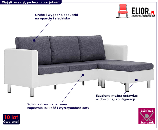 Produkt Atrakcyjny narożnik z szezlongiem biało-ciemnoszary - Glomsti 4Qbiało-ciemnoszara