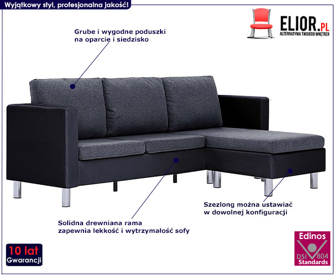 Produkt Atrakcyjny narożnik z szezlongiem czarno-ciemnoszary - Glomsti 4Q