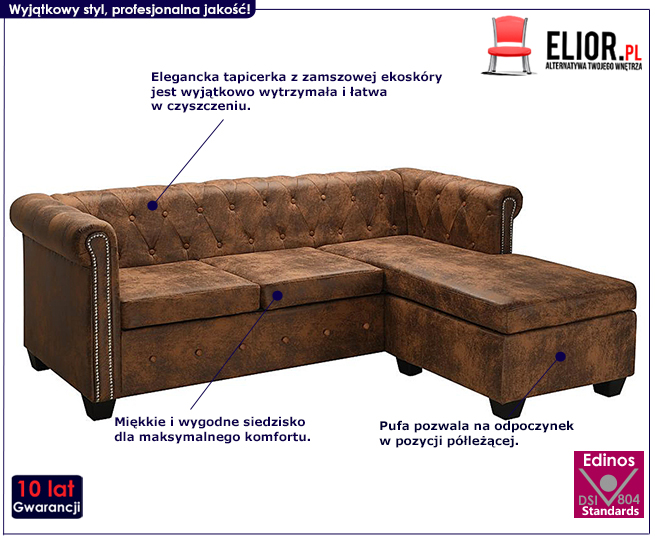 Produkt Narożnik w stylu Chesterfield z leżanką Xavier 4Q - brązowy