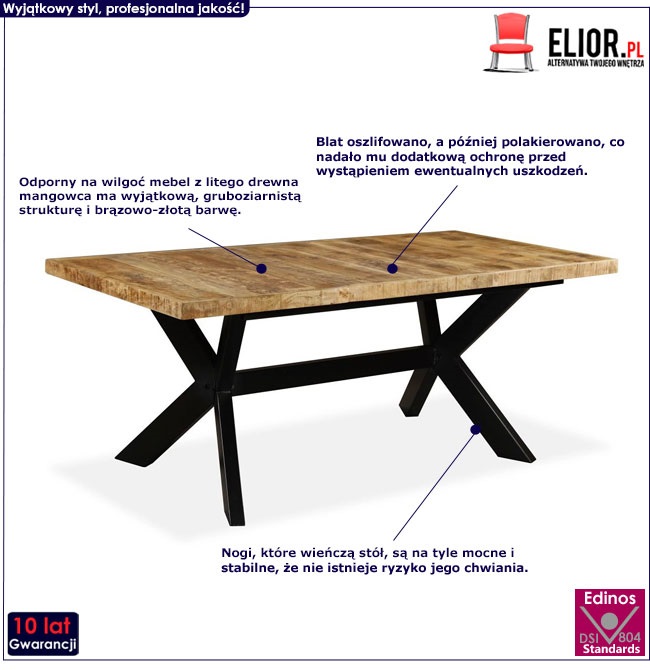Produkt Prostokątny stół z drewna mango w stylu loft Glefro 5X – jasnobrązowy