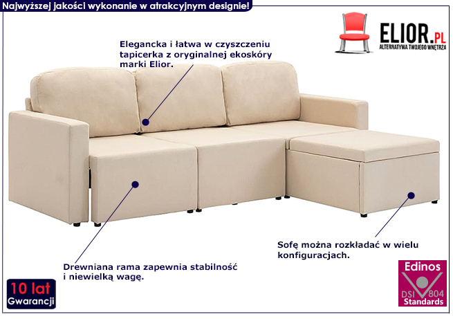 Rozkładana sofa z ekoskóry ciemnokremowa Odi 4Q