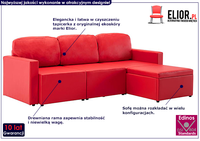 Rozkładana sofa z ekoskóry czerwona Odi 4Q