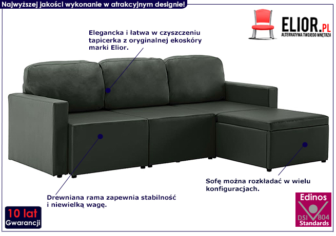 Rozkładana sofa z ekoskóry szara Odi 4Q