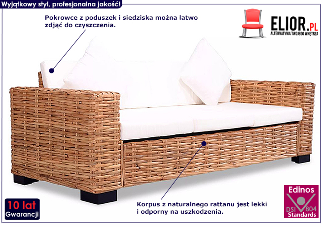 Rattanowa kremowa sofa trzyosobowa Sigvart 3Q